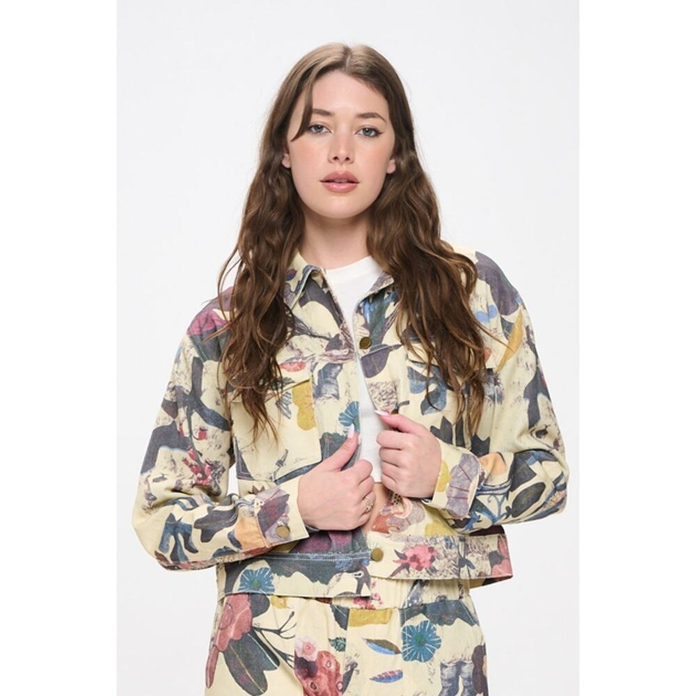SM Wardrobe Botanical Print Button Down Denim Jacket